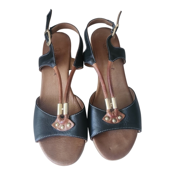 La Pinta Black Brown Leather Sandals Size 38 (US 7.5–8) Slingback Heels - Picture 2 of 9